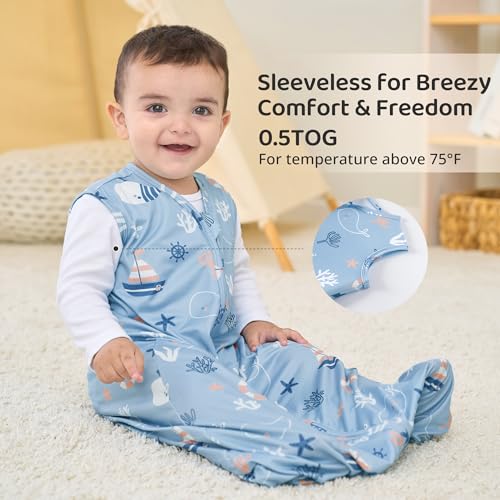 FIEMOL Baby Sleep Sack 6-12 Months, 0.5 TOG Wearable Blanket for Baby Boy and Girl, 2-Way Zipper Newborn and Infant Sleeping Bag 2 Pack, Lightweight Sleep Sacks Blue Whale（Medium） - Image 5