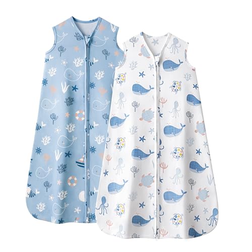FIEMOL Baby Sleep Sack 6-12 Months, 0.5 TOG Wearable Blanket for Baby Boy and Girl, 2-Way Zipper Newborn and Infant Sleeping Bag 2 Pack, Lightweight Sleep Sacks Blue Whale（Medium） - Image 1