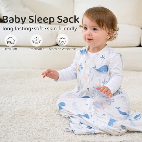 FIEMOL Baby Sleep Sack 6-12 Months, 0.5 TOG Wearable Blanket for Baby Boy and Girl, 2-Way Zipper Newborn and Infant Sleeping Bag 2 Pack, Lightweight Sleep Sacks Blue Whale（Medium） - Image 2