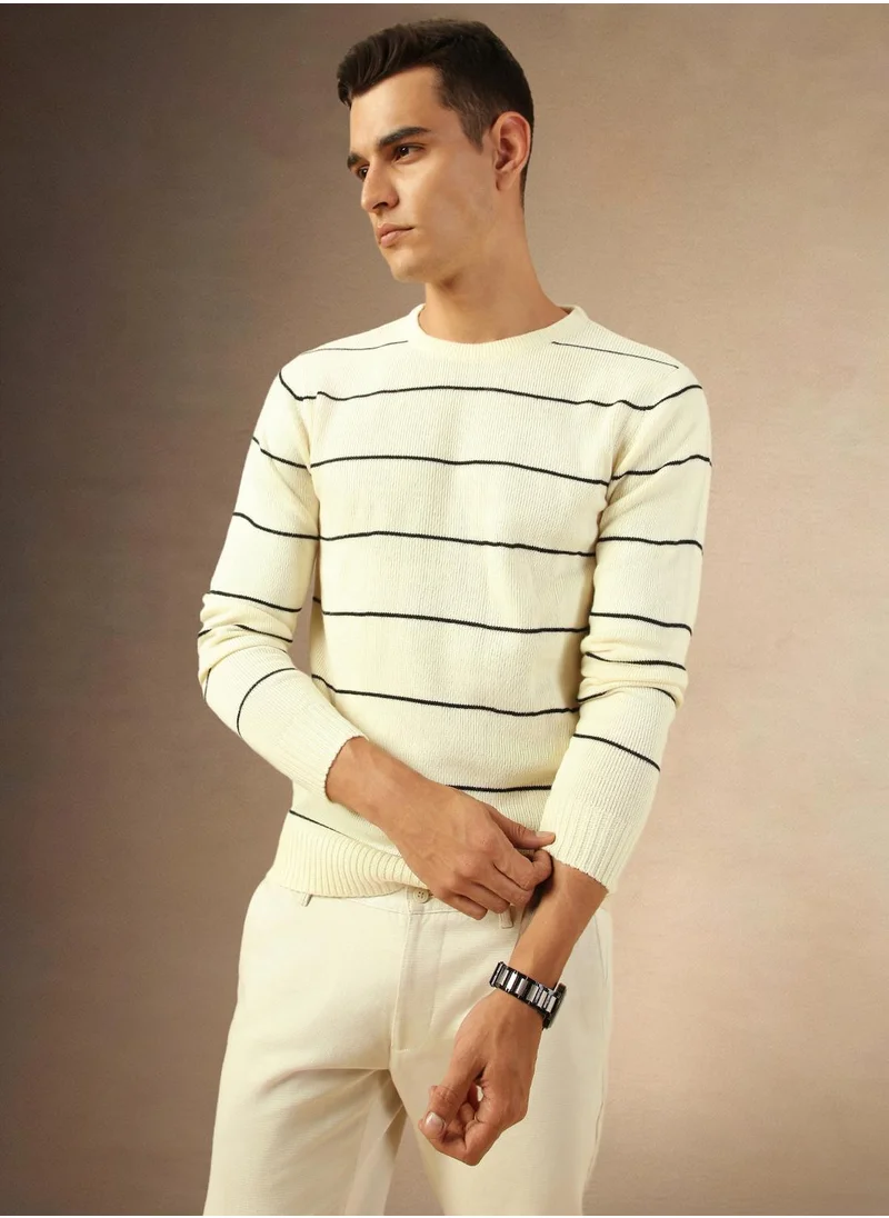 دينيس لينغو Men's Off White 100% Acrylic Striped Regular Fit Sweater