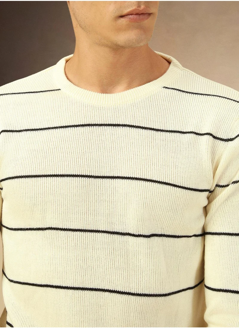 دينيس لينغو Men's Off White 100% Acrylic Striped Regular Fit Sweater