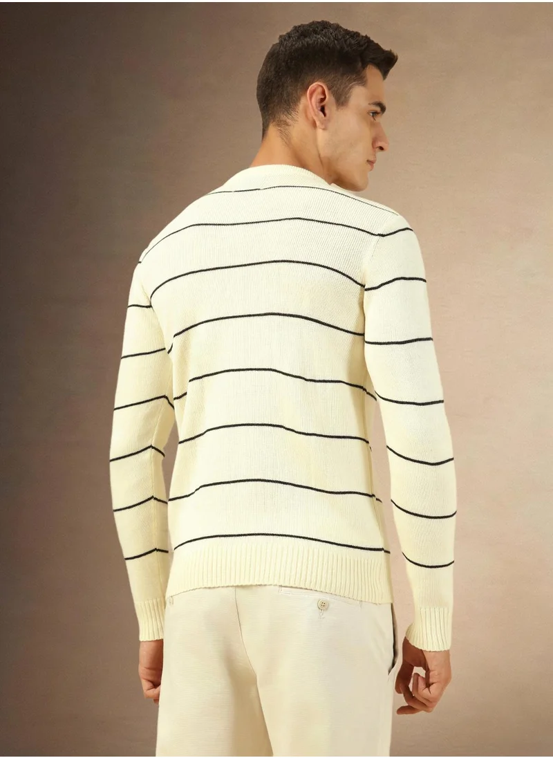 دينيس لينغو Men's Off White 100% Acrylic Striped Regular Fit Sweater