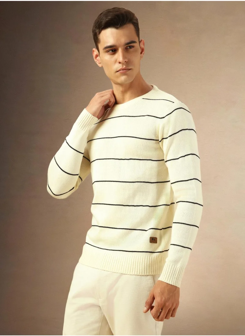 دينيس لينغو Men's Off White 100% Acrylic Striped Regular Fit Sweater