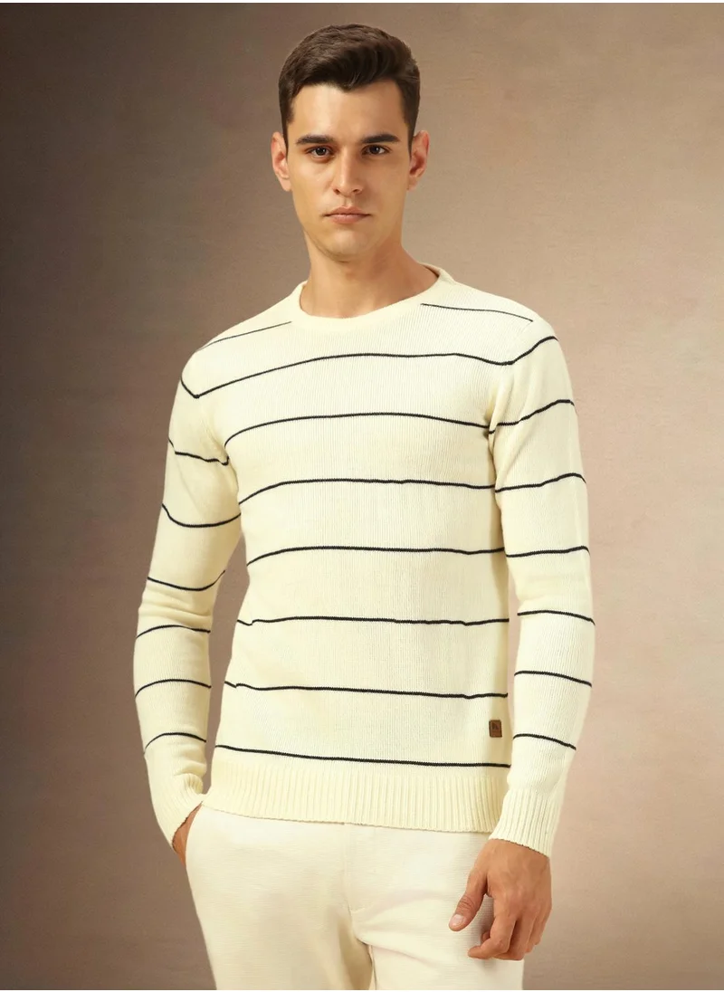 دينيس لينغو Men's Off White 100% Acrylic Striped Regular Fit Sweater