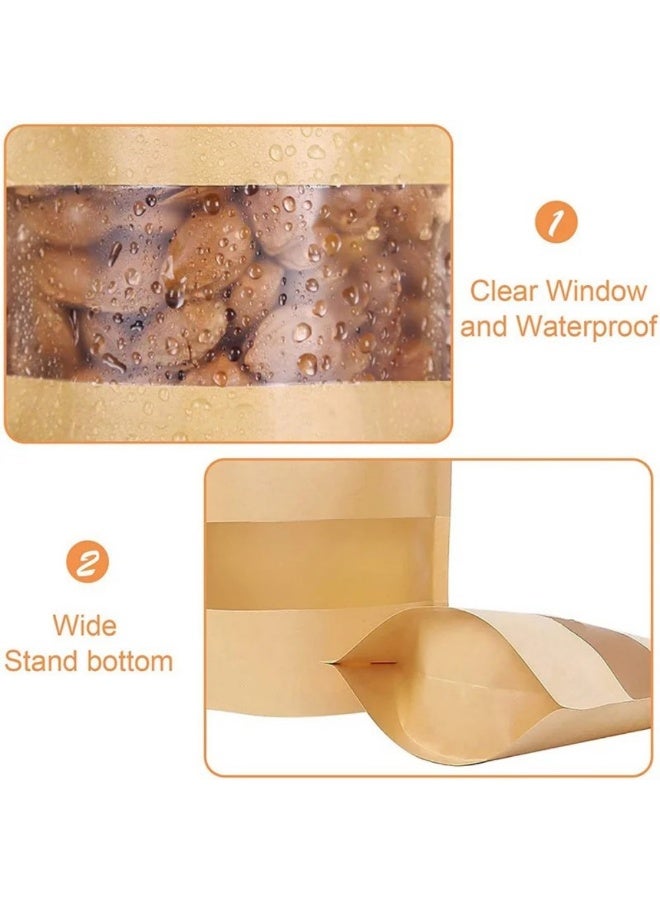 100 Pcs Kraft Stand Up Pouches Resealable Zip Lock Food Storage Bags with Matte Window for Packaging(15*22*4cm) - Image 3