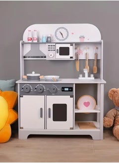 Wooden kitchen toy set for kids with realistic lights and sounds and play pots and pans