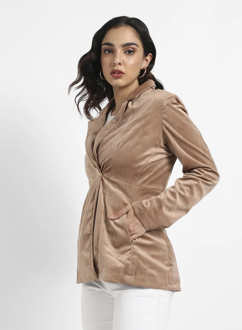 Pinacolada  Women's Beige Single-Breasted Blazer With Insert Pockets For Casual Wear | Lapel Collar  | Long Sleeve | Button Closure | Suede Blazer Crafted With Comfort Fit For Everyday Wear for Women | Best Price UAE