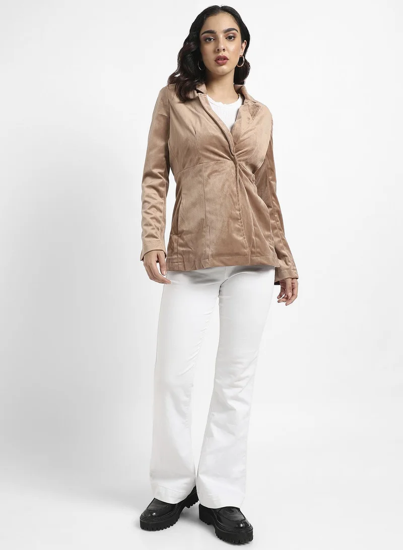 Pinacolada  Women's Beige Single-Breasted Blazer With Insert Pockets For Casual Wear | Lapel Collar  | Long Sleeve | Button Closure | Suede Blazer Crafted With Comfort Fit For Everyday Wear for Women | Best Price UAE