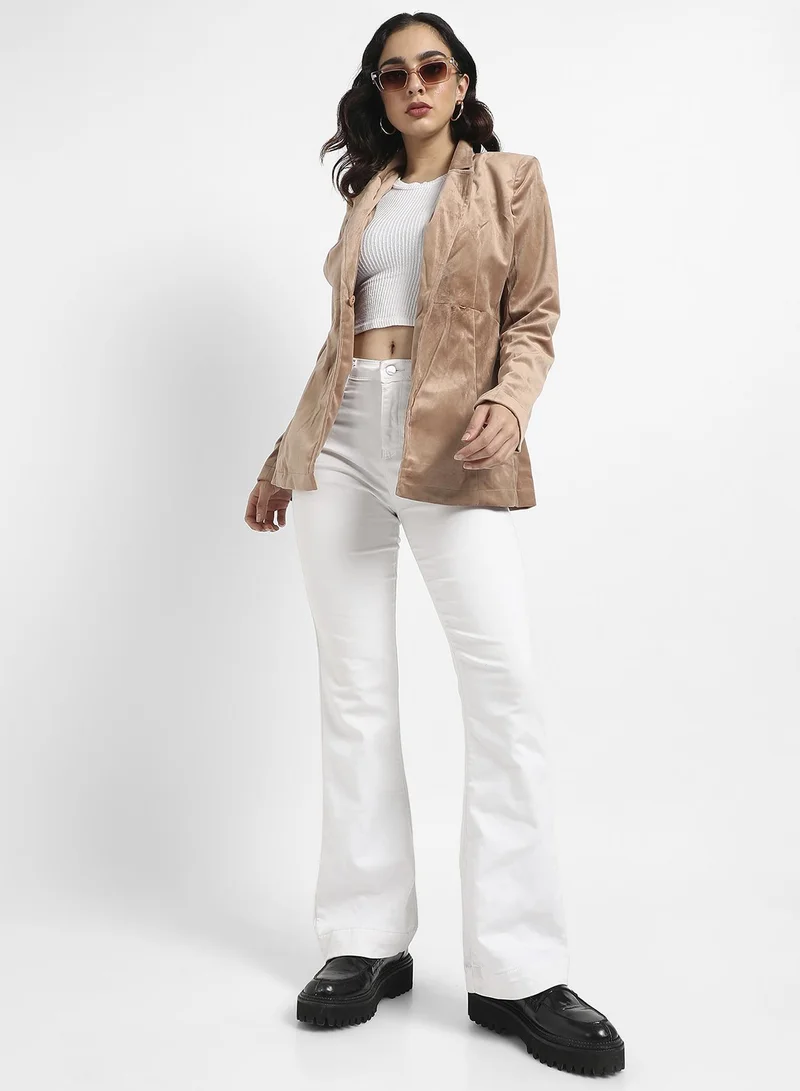 Pinacolada  Women's Beige Single-Breasted Blazer With Insert Pockets For Casual Wear | Lapel Collar  | Long Sleeve | Button Closure | Suede Blazer Crafted With Comfort Fit For Everyday Wear for Women | Best Price UAE