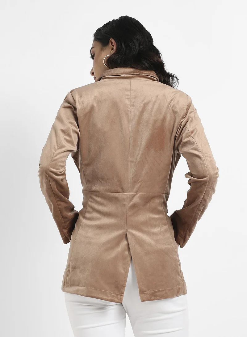 Pinacolada  Women's Beige Single-Breasted Blazer With Insert Pockets For Casual Wear | Lapel Collar  | Long Sleeve | Button Closure | Suede Blazer Crafted With Comfort Fit For Everyday Wear for Women | Best Price UAE