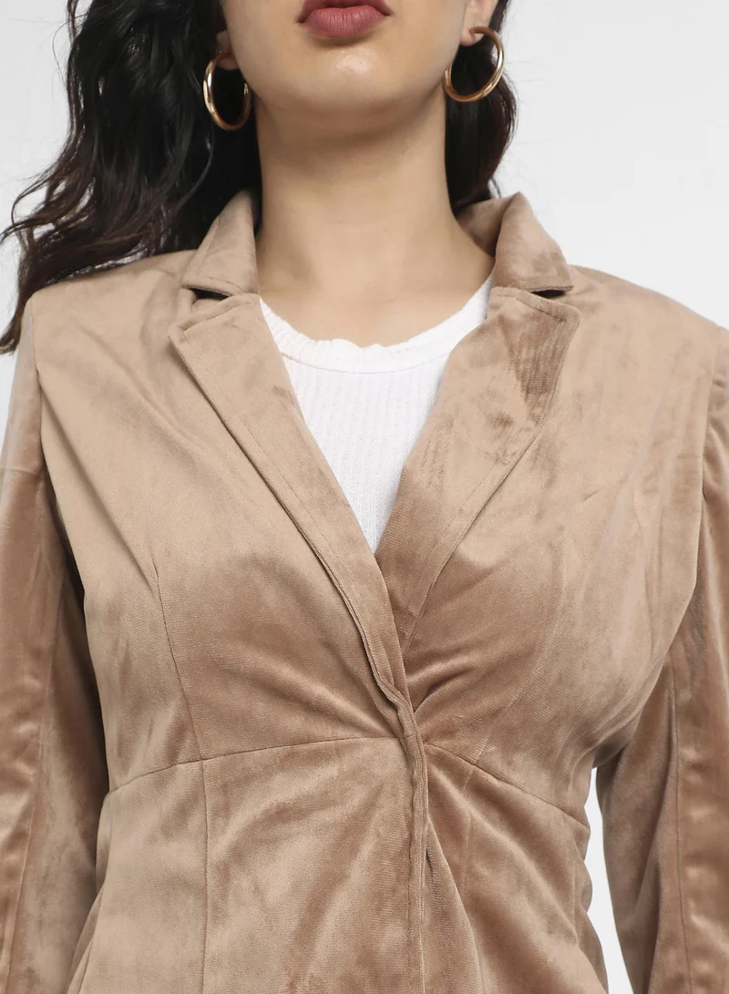 Pinacolada  Women's Beige Single-Breasted Blazer With Insert Pockets For Casual Wear | Lapel Collar  | Long Sleeve | Button Closure | Suede Blazer Crafted With Comfort Fit For Everyday Wear for Women | Best Price UAE