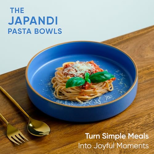 Shay Stackable Ceramic Pasta Bowl Set, 22cm, 2 Pieces, Blue | Matte Finish | Ceramic Pasta Plate | Deep Plate | Pasta Serving Plate (Stackable Pasta Plate - Blue Rim) - Image 2
