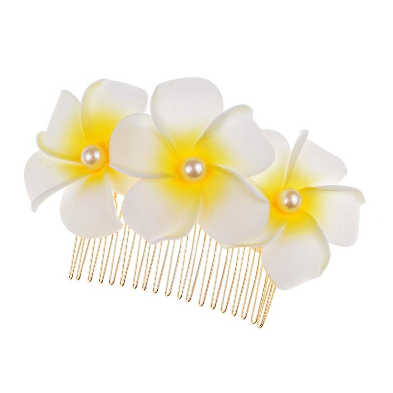 Love Sweety Hawaiian Plumeria Pearl Hair Clips Women Side Comb Flower Barrettes for Beach Party Golden CombWhite