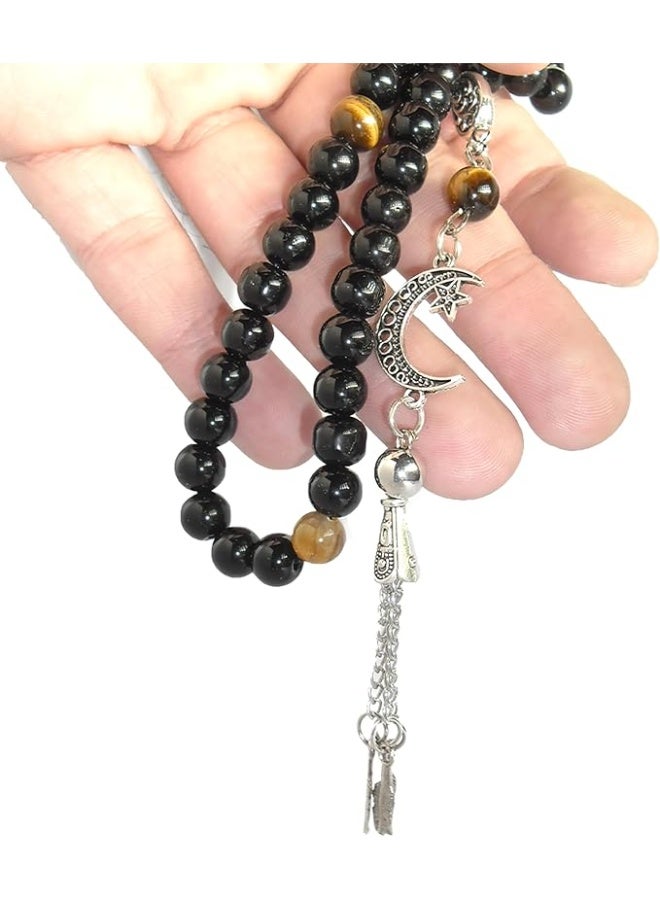 مسبحة يدوية الصنع – مزيج فريد من حجر العقيق مع حجر عين النمر الطبيعي للتأمل والصلاة والطاقة الإيجابية والسلام – هدية مثالية لكل المناسبات - Image 4