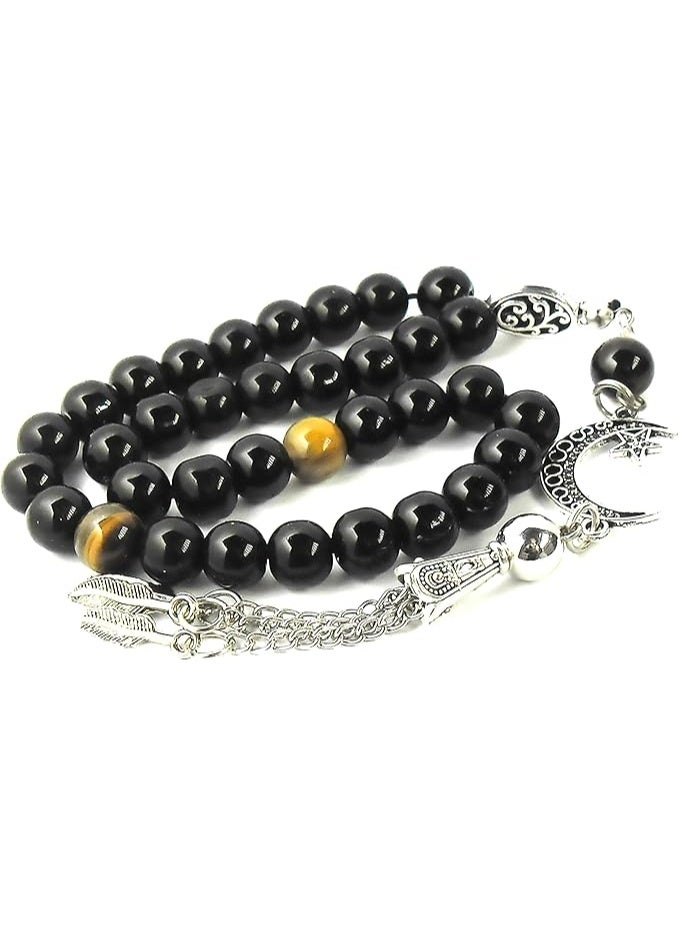 مسبحة يدوية الصنع – مزيج فريد من حجر العقيق مع حجر عين النمر الطبيعي للتأمل والصلاة والطاقة الإيجابية والسلام – هدية مثالية لكل المناسبات - Image 5