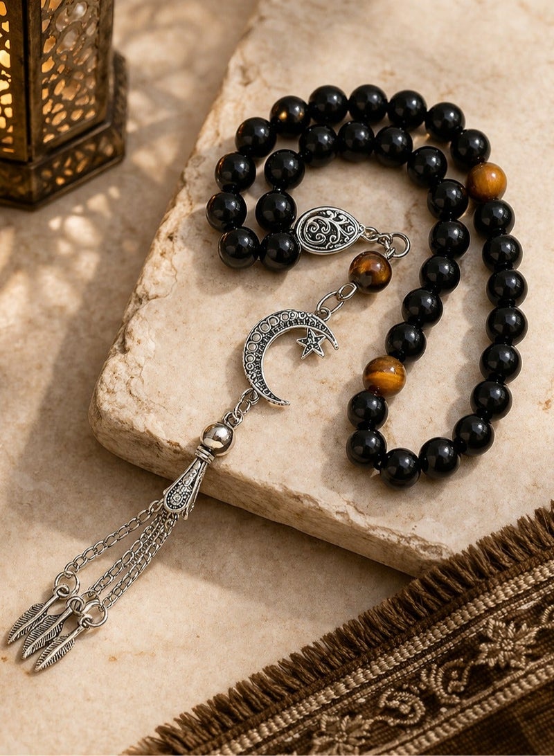 مسبحة يدوية الصنع – مزيج فريد من حجر العقيق مع حجر عين النمر الطبيعي للتأمل والصلاة والطاقة الإيجابية والسلام – هدية مثالية لكل المناسبات - Image 1