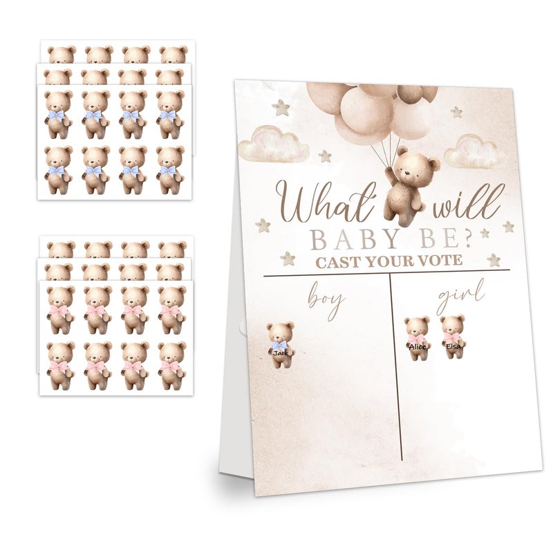 LNOKRIM Gender Reveal Party Games Teddy Theme Baby Gender Reveal Voting Board Sign 48 Boys Girls Teddy Voting Stickers He or She Baby Gender Reveal Party Decorations Games for Boy or Girl Shower