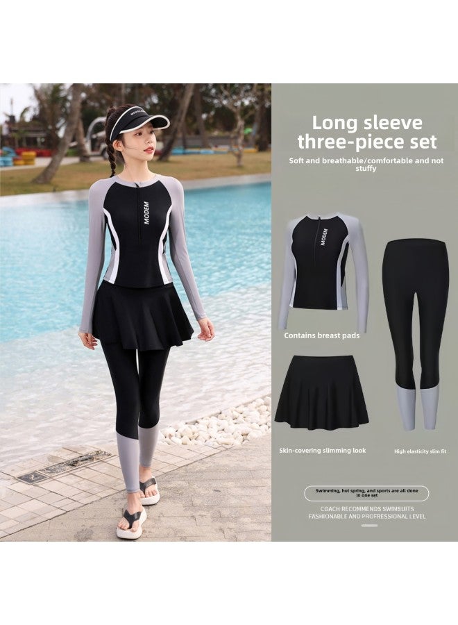 Generic Swimwear Women's Split Three-piece Sunscreen Long-sleeved Trousers Diving Conservative Women's Hot Spring Swimwear-Color:Black Gray-Size:M（90-100）  - Image 1