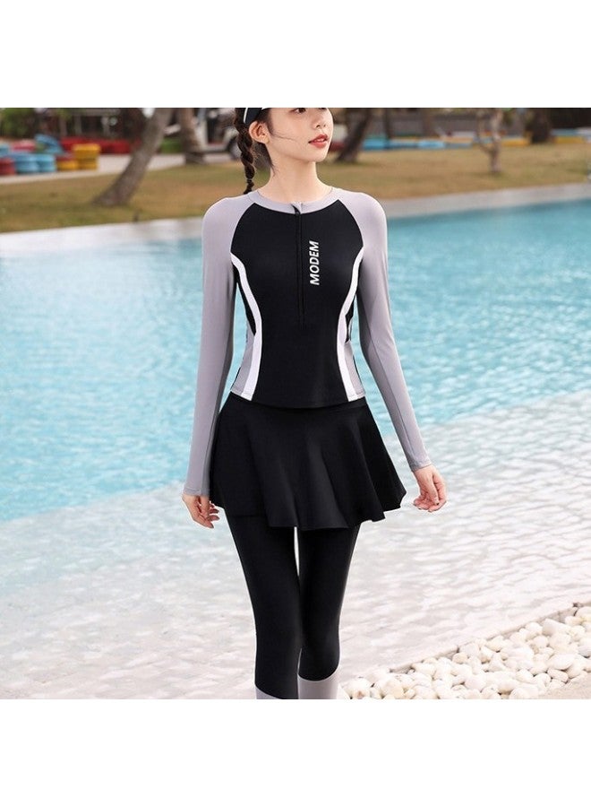 Generic Swimwear Women's Split Three-piece Sunscreen Long-sleeved Trousers Diving Conservative Women's Hot Spring Swimwear-Color:Black Gray-Size:M（90-100）  - Image 5