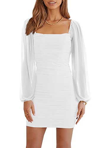 Wenrine Women's Mesh Long Sleeve Square Neck Ruched Party Club Cocktail Bodycon Mini Dress White - Image 1