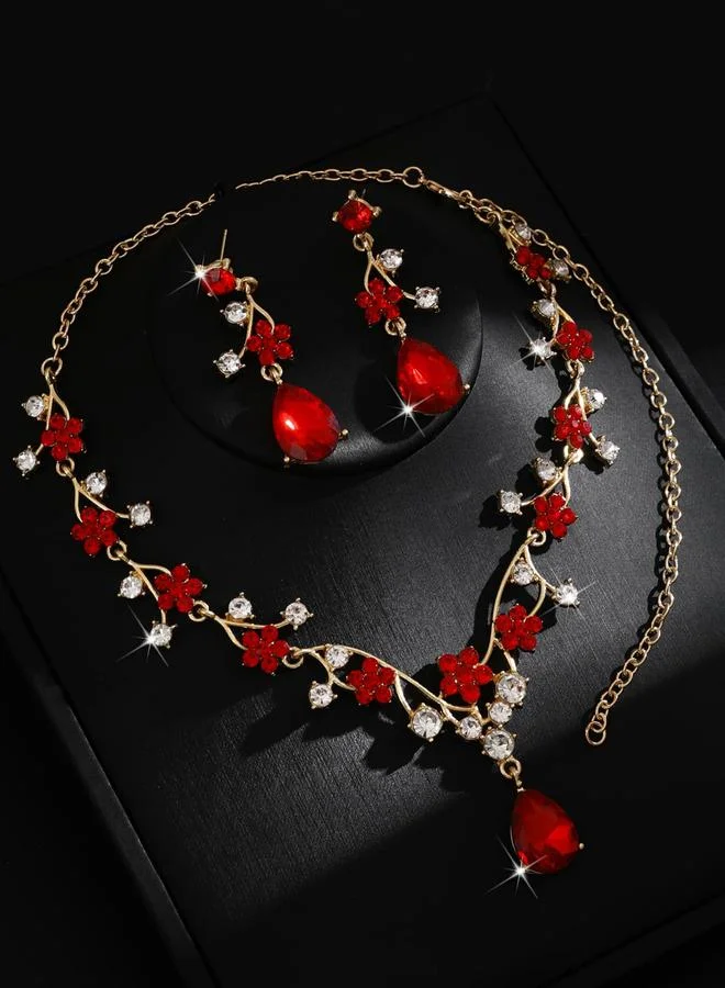 تايك تو طقم مجوهرات قلادة وأقراط مزينة بدلاية حجر راين قطعتين