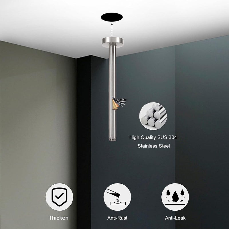 HarJue Ceiling Mounted Shower Arm, Rain Shower Extension Arm with Flange and Teflon Tape Stainless Steel Ceiling Mount Shower Extender for Fixed Shower Head (10 Inch, Brushed Nickel) - Image 2