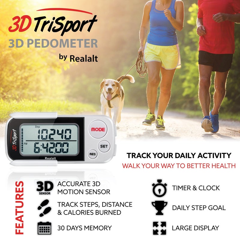 Realalt 3DTriSport Walking 3D Pedometer with Clip & Strap, eBook Included | 30 Days Memory, Accurate Step Counter, Walking Distance Miles/Km, Calorie Counter, Daily Exercise Time Monitor - White - Image 2