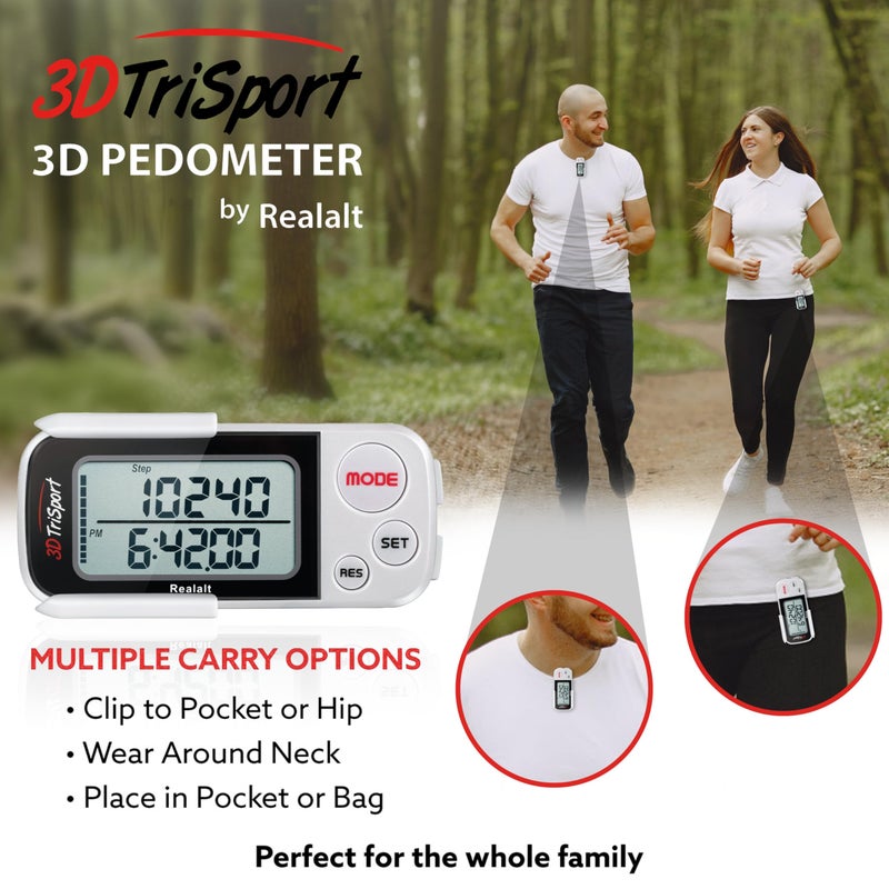 Realalt 3DTriSport Walking 3D Pedometer with Clip & Strap, eBook Included | 30 Days Memory, Accurate Step Counter, Walking Distance Miles/Km, Calorie Counter, Daily Exercise Time Monitor - White - Image 5