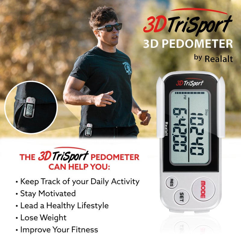 Realalt 3DTriSport Walking 3D Pedometer with Clip & Strap, eBook Included | 30 Days Memory, Accurate Step Counter, Walking Distance Miles/Km, Calorie Counter, Daily Exercise Time Monitor - White - Image 3