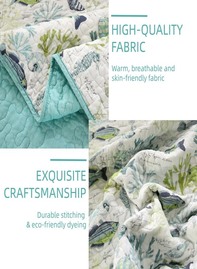 SUCSES Coastal Quilts Bedding 3 Pieces Queen Green Coverlets 100% Cotton Lightweight Ocean Quilt Bedspreads with 2 Shams Tropical Beach Fish Summer Comforter for All Season - Image 3