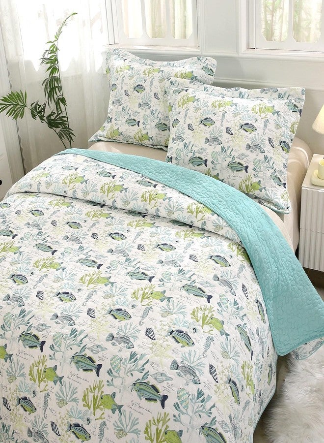 SUCSES Coastal Quilts Bedding 3 Pieces Queen Green Coverlets 100% Cotton Lightweight Ocean Quilt Bedspreads with 2 Shams Tropical Beach Fish Summer Comforter for All Season - Image 1