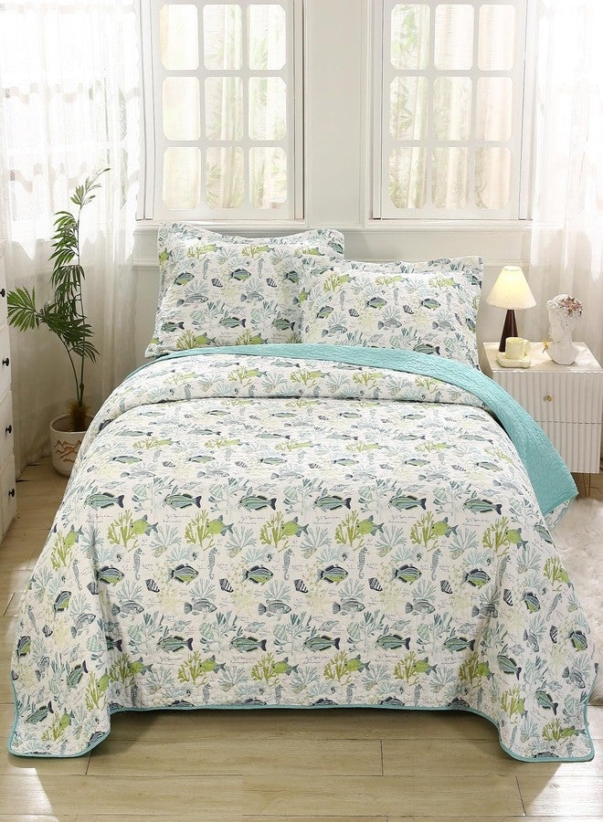 SUCSES Coastal Quilts Bedding 3 Pieces Queen Green Coverlets 100% Cotton Lightweight Ocean Quilt Bedspreads with 2 Shams Tropical Beach Fish Summer Comforter for All Season - Image 2