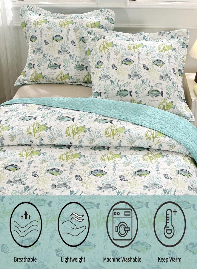 SUCSES Coastal Quilts Bedding 3 Pieces Queen Green Coverlets 100% Cotton Lightweight Ocean Quilt Bedspreads with 2 Shams Tropical Beach Fish Summer Comforter for All Season - Image 4