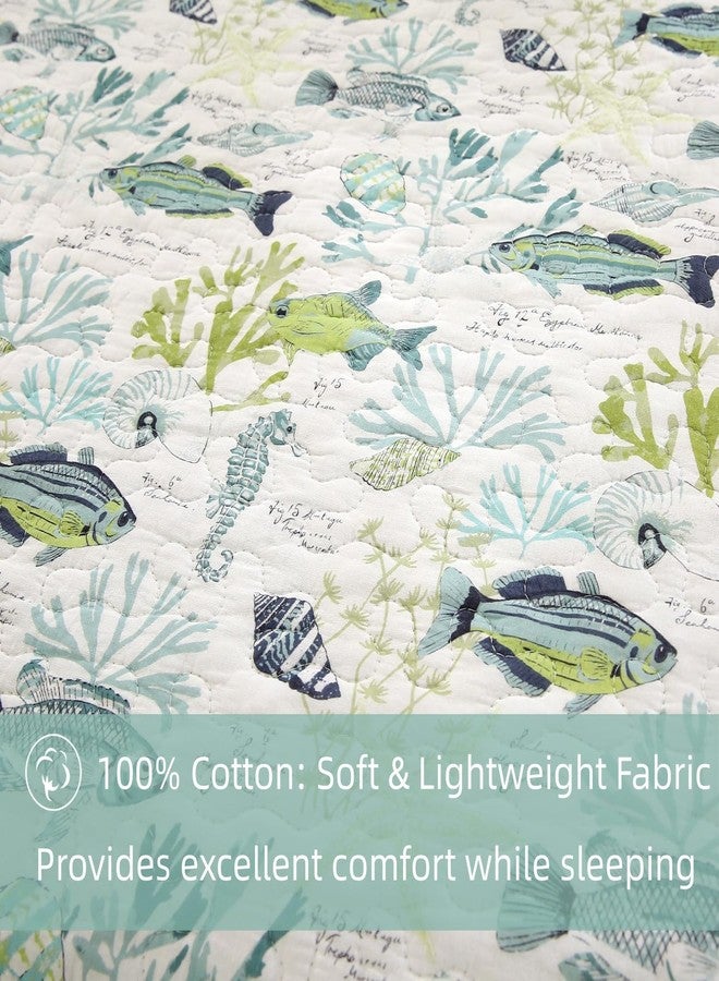 SUCSES Coastal Quilts Bedding 3 Pieces Queen Green Coverlets 100% Cotton Lightweight Ocean Quilt Bedspreads with 2 Shams Tropical Beach Fish Summer Comforter for All Season - Image 5