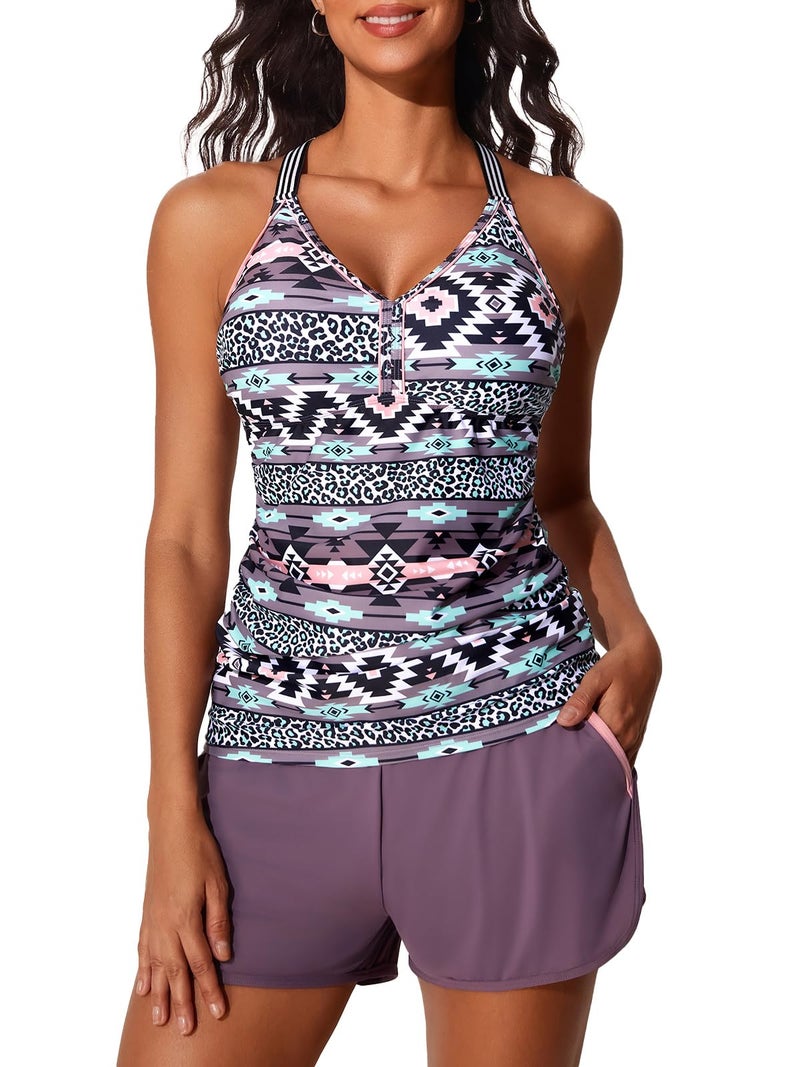 Summer Mae Modest Tankini Swimsuits for Women 2025 Two Piece Bathing Suits with Sporty Pockets Boy Shorts for Tummy Control Bohemia Size 14 - Image 1