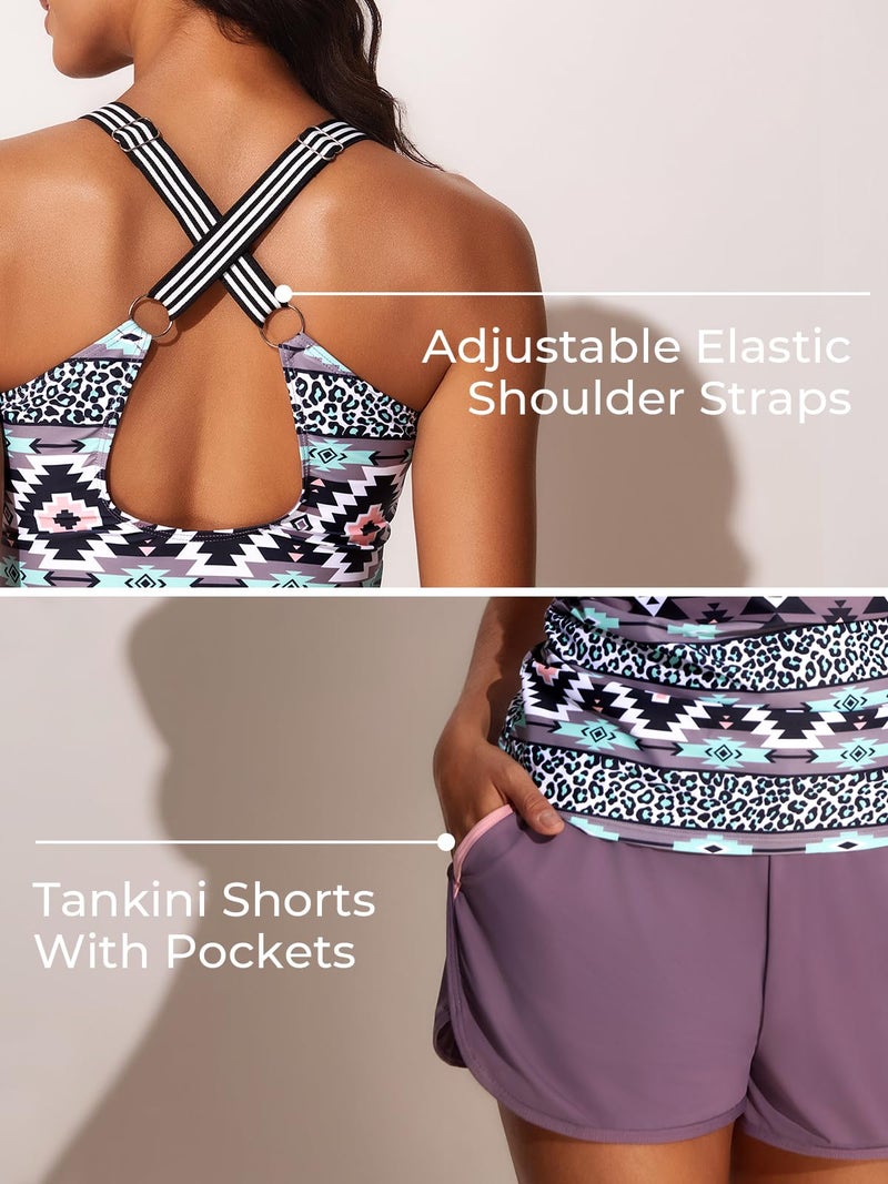 Summer Mae Modest Tankini Swimsuits for Women 2025 Two Piece Bathing Suits with Sporty Pockets Boy Shorts for Tummy Control Bohemia Size 14 - Image 3