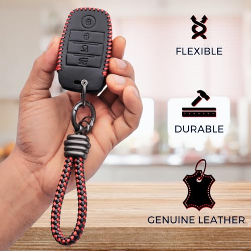 KEYCEPT Classic Leather Key Cover Compatible for Kia Seltos | Kia Sonet | Kia Carens | Sonet HTX | Facelift in Year 2019, 2020, 2021, 2022 4 Button Smart Key with Keychain (Type 3). - Image 3