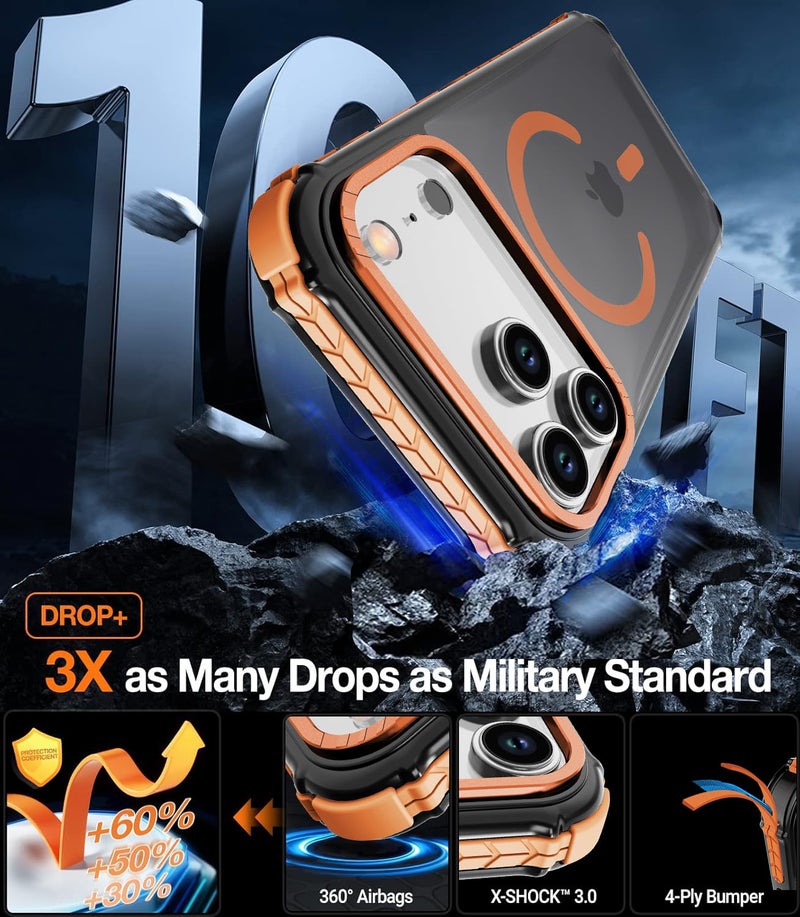 DEERLAMN Strong Magnetic Case for iPhone 17 Pro Max 6.9-Inch,[Compatible with Magsafe][Military Grade Drop Protection] Translucent Matte Shockproof Protective Phone Cover-Frosted Orange - Image 3