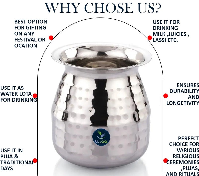 Wiaa 550 ml Stainless Steel Hammered Parsi Lota | Hammer Tone Sombu for Water, Milk, Lassi, Dahi, and Pooja | Traditional Kalash Pot for Home, Kitchen, and Pooja (550ml (Pack of 1)) - Image 3
