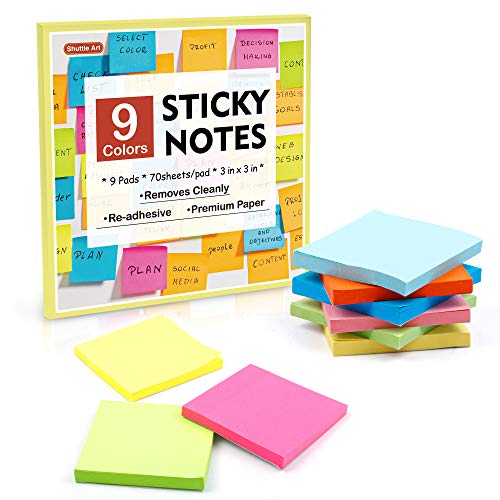 Shuttle Art Sticky Notes, Shuttle Art 9 Bright Colors Stickies, 9 Pads 630 Sheets Total, 3x3 Inches Self-Stick Pads for Home, School, Office - Image 1