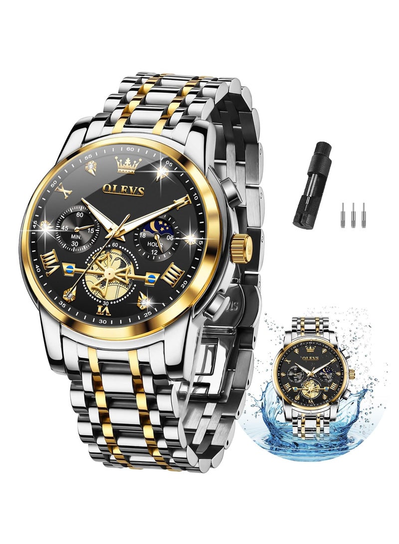OLEVS Men Silver Watches,Men's Stainless Steel Chronograph Watch,Men Analog Quartz Watches,Big Face Men Watches,Luxury Waterproof Watch Men,Roman Numeral Dress Watch for Men Diamond Relojes De Hombre - Image 1