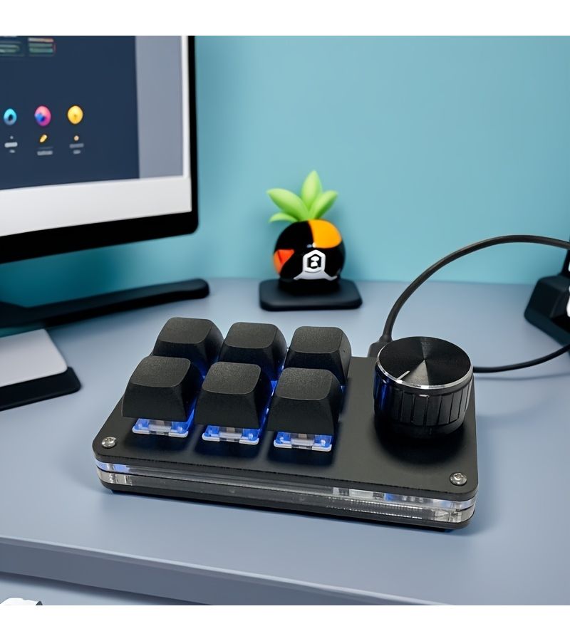 6 أزرار رئيسية مع مقبض واحد لوحة مفاتيح ميكانيكية مضيئة RGB باللون الأسود والأزرق والأحمر مع محور واحد عملية سريعة تسجيل ماكرو قابل للبرمجة مقطع PS لوحة مفاتيح بيد واحدة للمكتب والألعاب - Image 1
