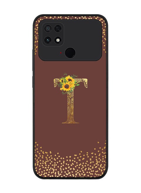 Rugged Black edge case for Xiaomi Poco C40 Slim fit Soft Case Flexible Rubber Edges Anti Drop TPU Gel Thin Cover - Custom Monogram Initial Letter Floral Pattern Alphabet - T (Brown )