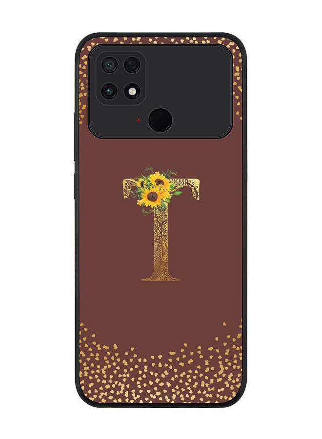 Rugged Black edge case for Xiaomi Poco C40 Slim fit Soft Case Flexible Rubber Edges Anti Drop TPU Gel Thin Cover - Custom Monogram Initial Letter Floral Pattern Alphabet - T (Brown )