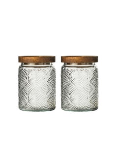 Vintage Glass Storage Jars with Wood Lids, 24 fl oz Glass Food Storage Containers, Airtight Glass Canisters for Coffee, Sugar, Candy, Airtight Kitchen Storage Jars- Round Leaf Pattern