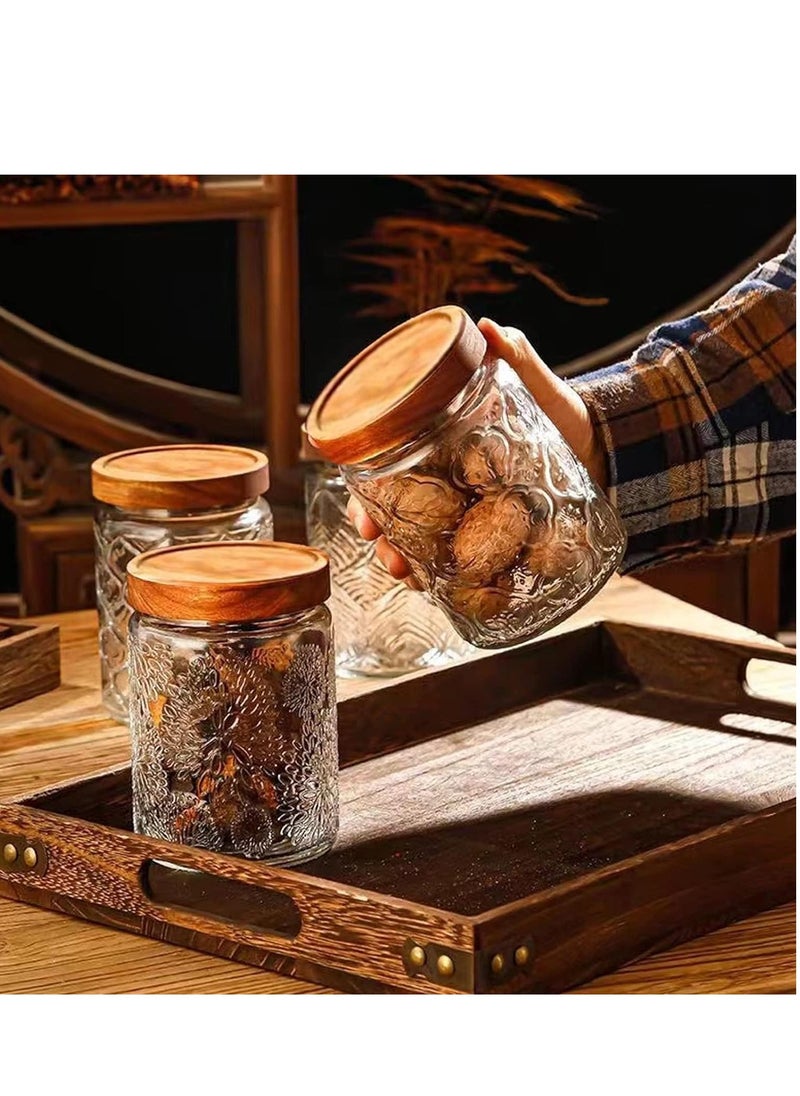 SYOSI - Vintage Glass Storage Jars with Wood Lids, 24 fl oz Glass Food Storage Containers, Airtight Glass Canisters for Coffee, Sugar, Candy, Airtight Kitchen Storage Jars- Round Leaf Pattern - Image 1