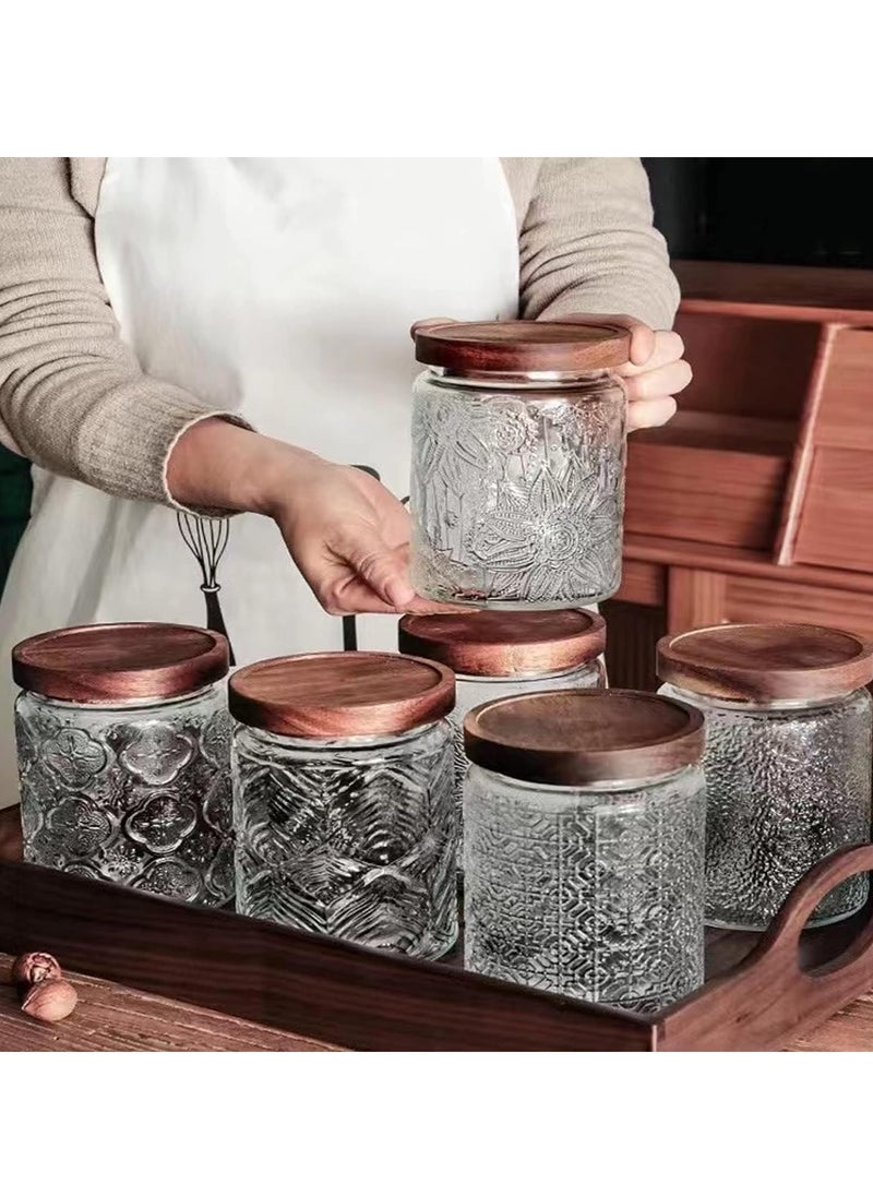 SYOSI - Vintage Glass Storage Jars with Wood Lids, 24 fl oz Glass Food Storage Containers, Airtight Glass Canisters for Coffee, Sugar, Candy, Airtight Kitchen Storage Jars- Round Leaf Pattern - Image 1