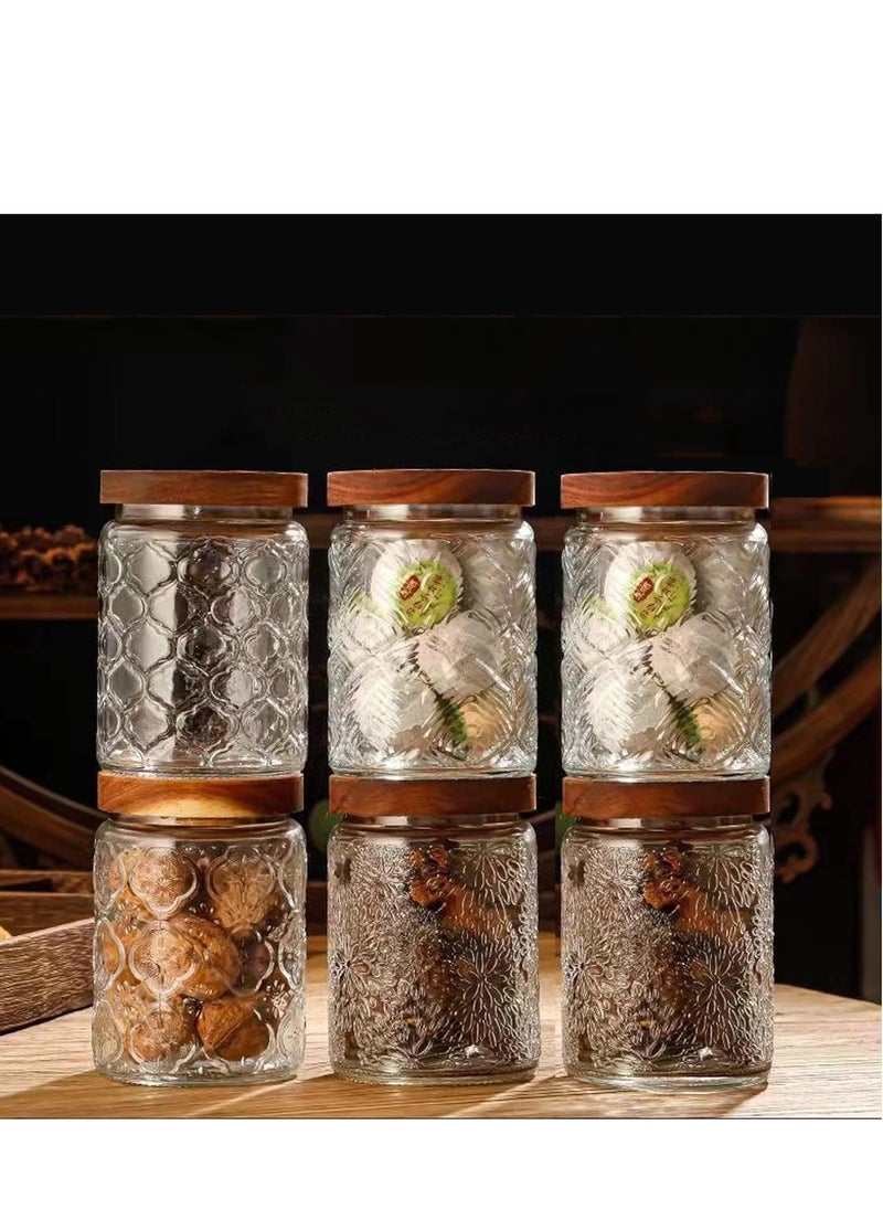 SYOSI - Vintage Glass Storage Jars with Wood Lids, 24 fl oz Glass Food Storage Containers, Airtight Glass Canisters for Coffee, Sugar, Candy, Airtight Kitchen Storage Jars- Round Leaf Pattern - Image 1