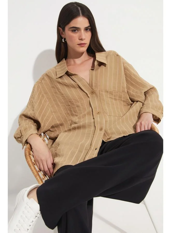 جون June Oversize Modal Blend Shirt Tan