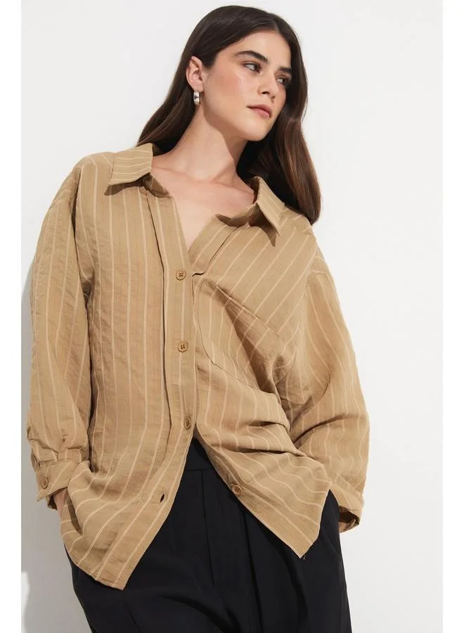 جون June Oversize Modal Blend Shirt Tan
